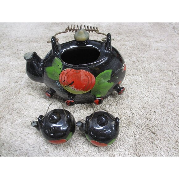 Vintage Wall hangiBlack Ceramic Teapot & Sugar Set With Hand-Painted Fruit Desig - Picture 1 of 4